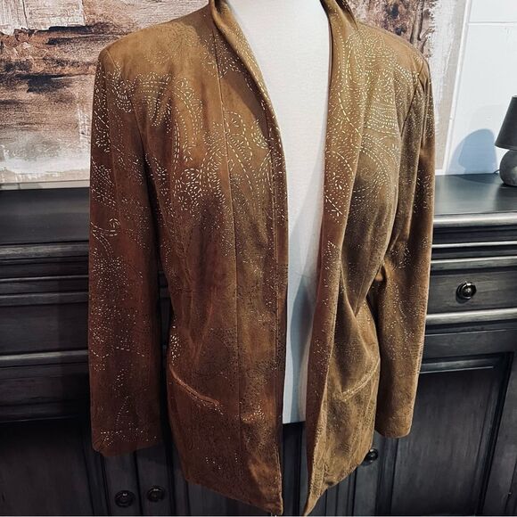 Chicos Open Blazer Tan Oversized Metallic Threads Chico size 2 Lg/12 - Picture 1 of 9